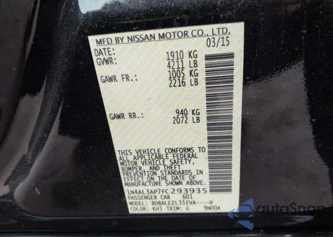 2015 Nissan Altima 2.5 S z USA, uszkodzony, nr VIN 1N4AL3AP7FC293935